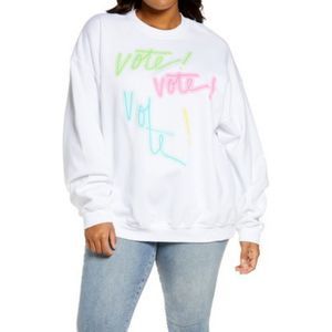 BP Women's White Vote Crew Neck Graphic Knit Pullover Sweatshirt 2X